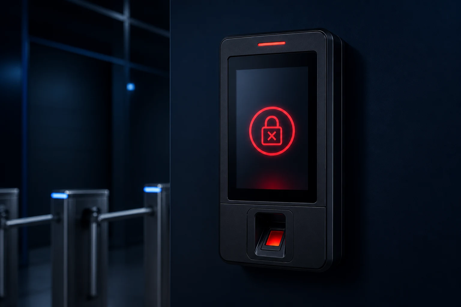 Generic biometric access-control machine showing a red access-refused symbol at a gym entrance