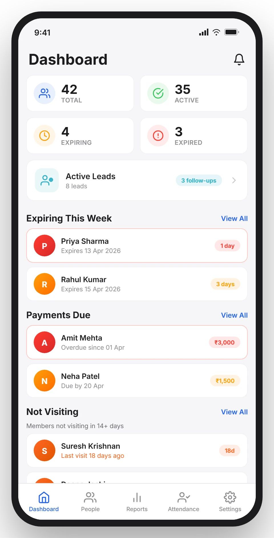 Gym Ledger mobile dashboard